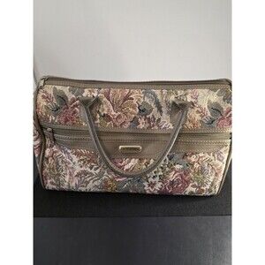 Jaguar Vintage Tapestry Carpet Bag Faux Leather Trim Beige Brown Arts & Crafts